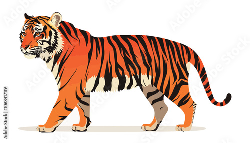 Flat Vector Illustration of a Standing Tiger with Bold Stripes and Fierce Expression photo