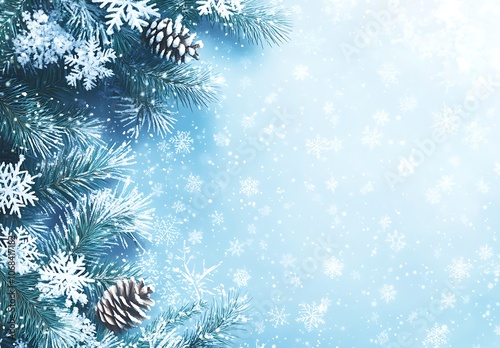 Frosty Winter Wonderland Christmas Background with Ornaments and Pine Branches. A serene Christmas background in shades of light blue features frosted pine branches, delicate snowflakes