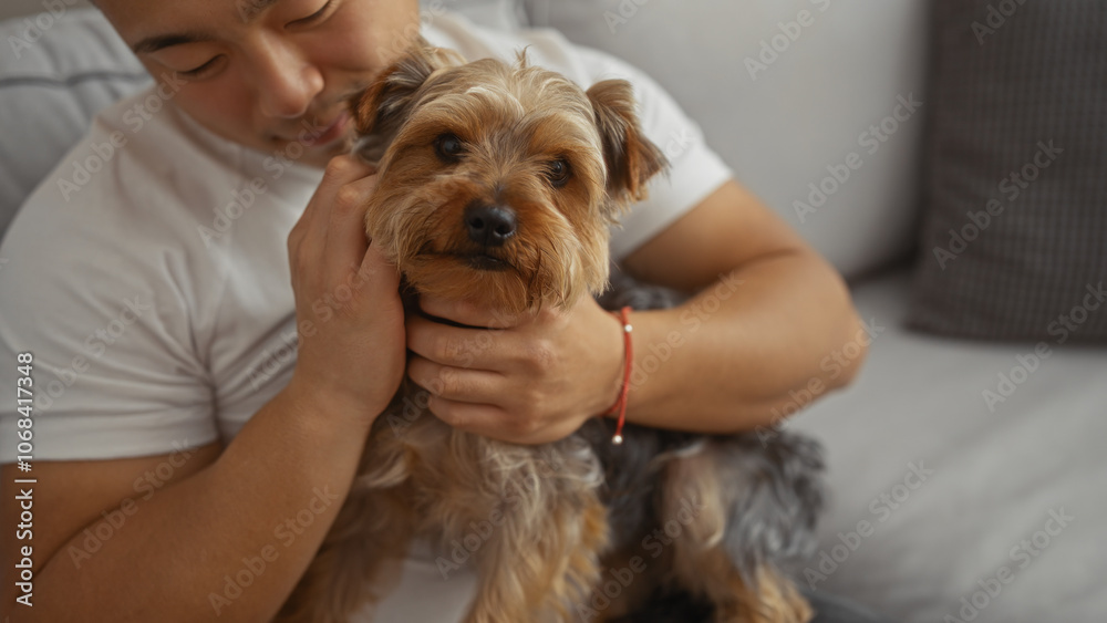 A young asian man is holding his small pet dog in his living room, showcasing a warm, indoor home environment in china. A young asian man is holding his small pet dog in his living room, showcasing a warm, indoor home environment in china.