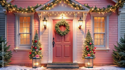 Pastel Pink Victorian home with festive wreath, red door, string lights, and glass lanterns , Victorian