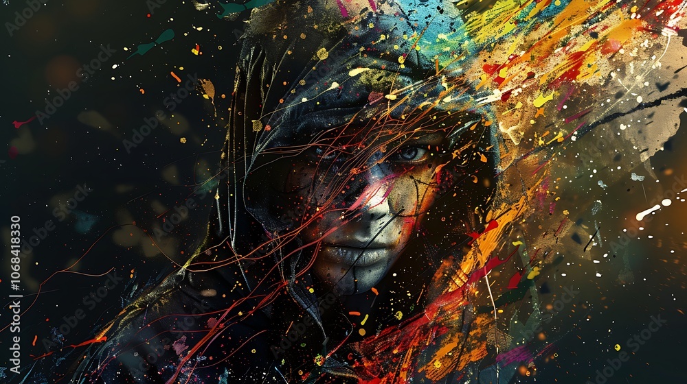 Fototapeta premium A young woman with a colorful face stands in front of a black background.