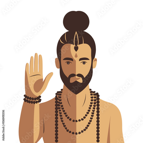 Indian Spiritual Figure Illustration - Sadhu with Beads and Blessing Hand Vector