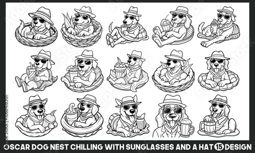 Dog Named Oscar Relaxing in a Nest with Sunglasses and Hat, Intricate Line Art Coloring Page. Ideal for Adult Coloring Books, Art Therapy, Relaxation, and Stress Relief Activities.