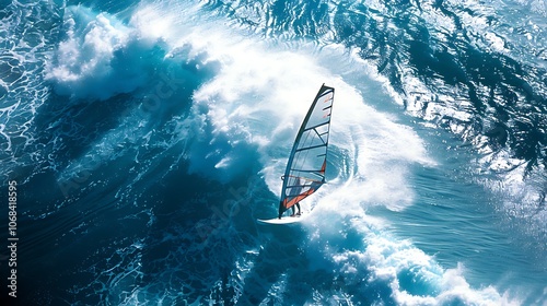 Windsurfer rides the high seas. A windsurfer speeds across the ocean waves.