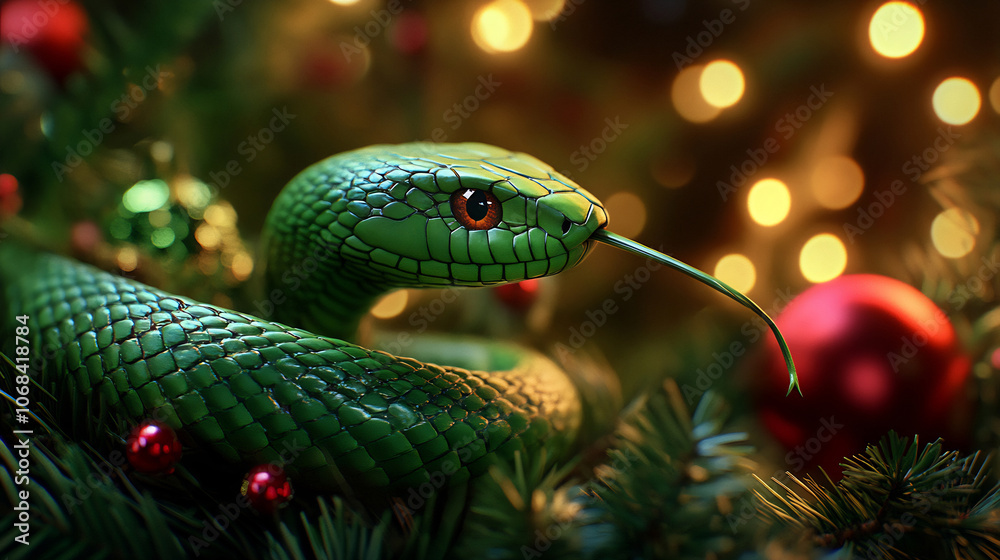 Obraz premium Green snake resting among Christmas decorations