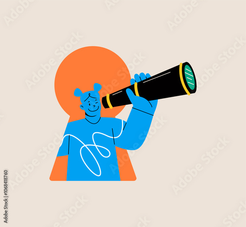 Woman using telescope to look into the distance Self-discovery. Colorful vector illustration