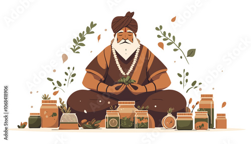Flat Vector Illustration of Ayurvedic Sadhu with Herbal Medicines - Holistic Health
