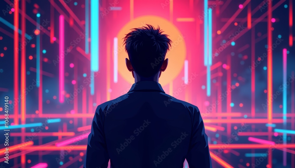Fototapeta premium Silhouette of a man standing confidently in front of a vibrant neon abstract background