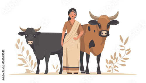 Indian Woman Farmer Caring for Cow - Traditional Rural Scene in Flat Vector Art