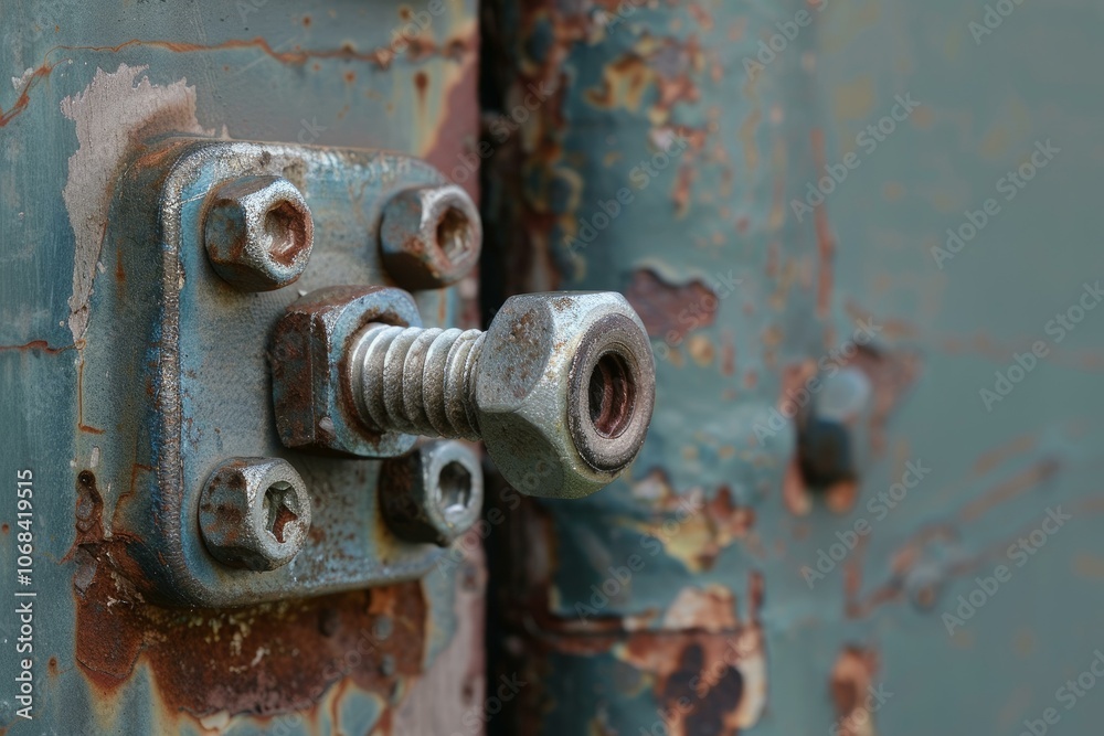 Rusty locking bolt is keeping a metal plate secured on an old weathered door Rusty locking bolt is keeping a metal plate secured on an old weathered door