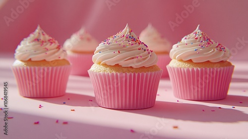 Cupcakes with colorful frosting and sprinkles arranged on a dessert table for a birthday celebration creating a festive mood with side empty space for text, Stockphoto style