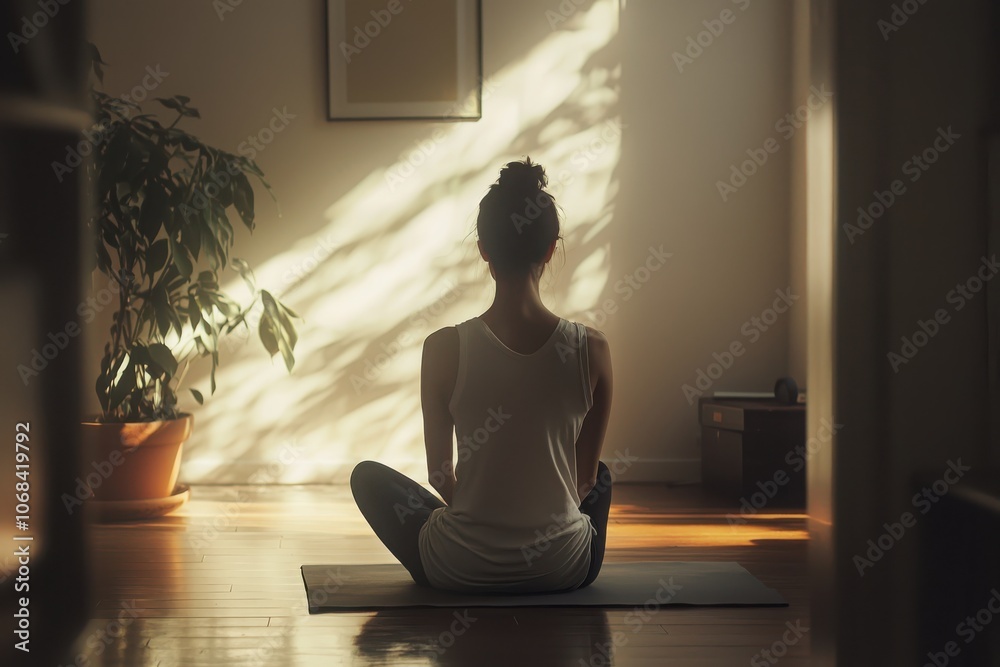 Woman practicing yoga at home in meditative expression amid soft natural light and indoor plants Woman practicing yoga at home in meditative expression amid soft natural light and indoor plants