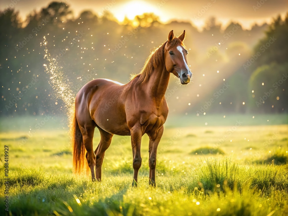 Serene Moment: A Chestnut Brown Horse Gracefully Stands in a Sunlit Field, Surrounded by Dewdrops, Capturing the Essence of a Magical Atmosphere in Minimalist Photography Serene Moment: A Chestnut Brown Horse Gracefully Stands in a Sunlit Field, Surrounded by Dewdrops, Capturing the Essence of a Magical Atmosphere in Minimalist Photography