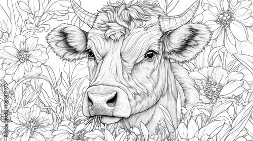 A serene brown cow surrounded by vibrant flowers in a peaceful meadow setting, showcasing nature\'s beauty at dawn, coloring page. photo