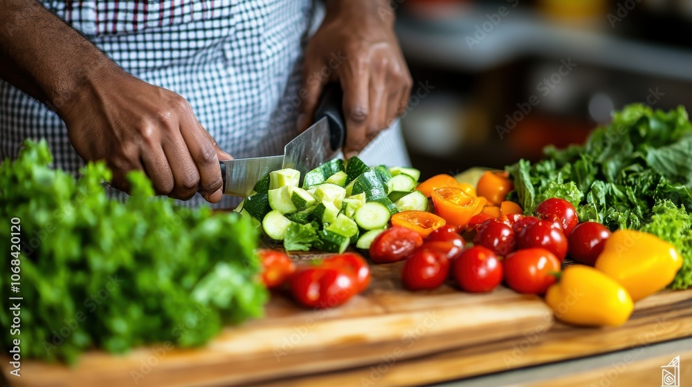 Fresh vegetables being sliced on a wooden cutting board in a kitchen setting. Fresh vegetables being sliced on a wooden cutting board in a kitchen setting.
