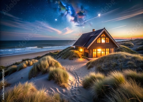 Serene Night Photography of a Strandhaus in the Dunes with Stars and Moonlight Enhancing the Coastal Landscape for Tranquility and Reflection photo