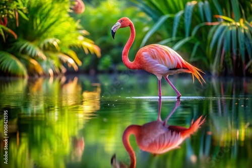 Serene Pink Flamingo Wading Gracefully in Tranquil Water, Capturing Nature's Beauty in a Vibrant and Colorful Setting, Perfect for Wildlife and Nature Photography Enthusiasts