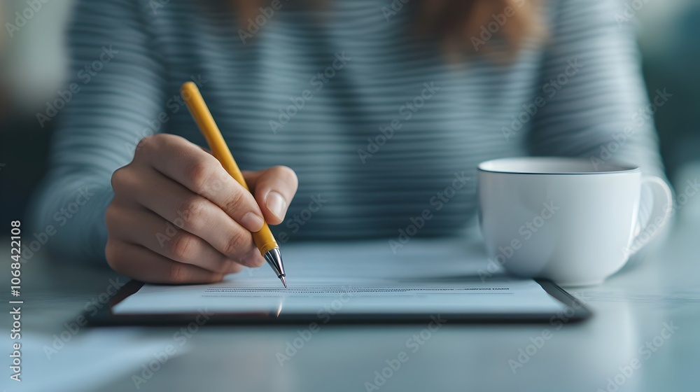 Professional person reviewing insurance policy details on digital tablet with cup of coffee and documents on desk in modern office workspace Professional person reviewing insurance policy details on digital tablet with cup of coffee and documents on desk in modern office workspace