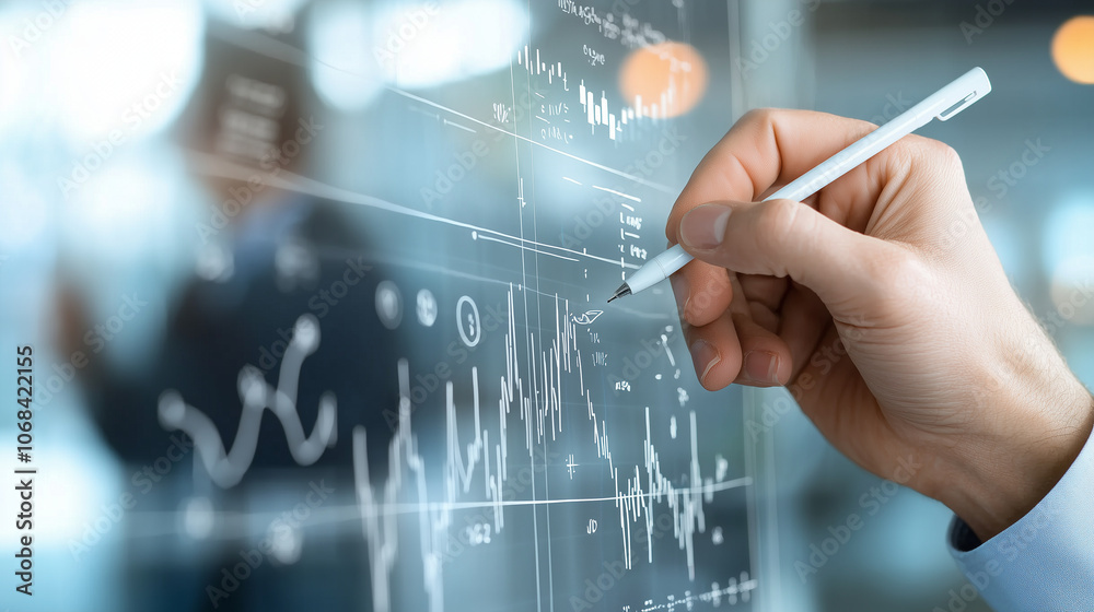 Side view of a data analyst writing formulas on a glass board overlaid with demographic charts, colleagues in blurred background Side view of a data analyst writing formulas on a glass board overlaid with demographic charts, colleagues in blurred background