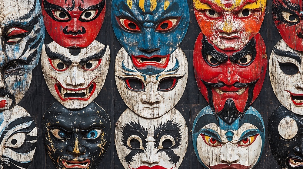 A vibrant and detailed close-up of traditional Peking Opera masks, showcasing intricate designs and vivid colors that represent different characters and emotions in Chinese opera. A vibrant and detailed close-up of traditional Peking Opera masks, showcasing intricate designs and vivid colors that represent different characters and emotions in Chinese opera.