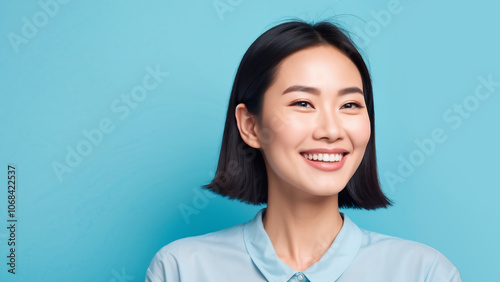 Beautiful attractive smile young adult asian woman in confidence smiling posed looking at the camera isolated blue background right composition