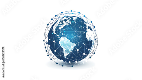 A three-dimensional illustration of a blue and green planet Earth with a network of white lines and dots representing a global network or internet con