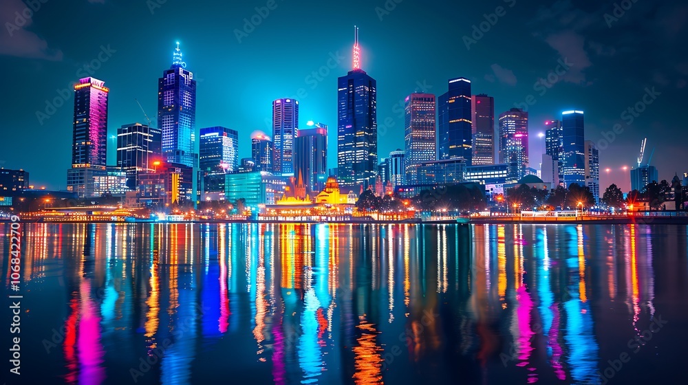 Fototapeta premium City lights reflecting off the river at night. The vibrant colors of the city lights create a beautiful and lively scene.