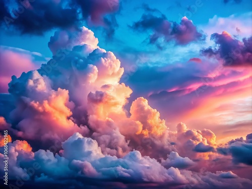 Serene Sunset with Fluffy Blue and Pink Clouds in Low Light Photography Capturing the Tranquility of Dusk Over a Dreamy Landscape