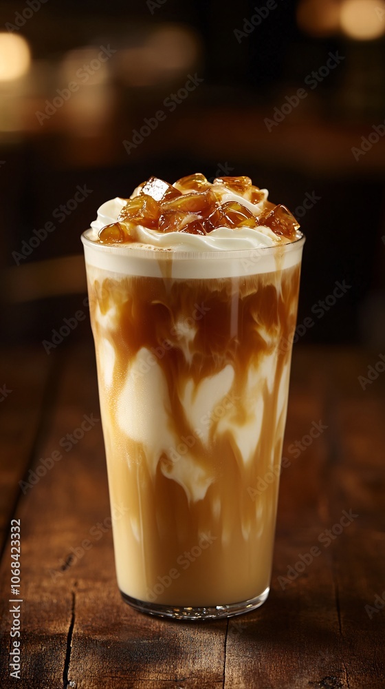 A tall glass of iced caramel latte with milk swirls set against a soft blurred cafe background creating a coffee culture ambiance with side empty space for text Stockphoto style