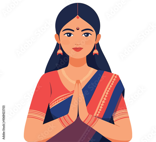 Traditional Indian Woman in Sari Doing Namaste - Flat Vector Cultural Art