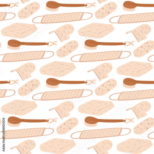 A pattern of washcloths with wooden handles, gloves, towel, sponge. Personal hygiene product. Texture flat illustration on a white background, for advertising, store catalog, decorative washcloth