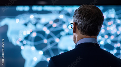 Silhouette of a businessman looking at a large screen displaying a global network map with bright data center connections