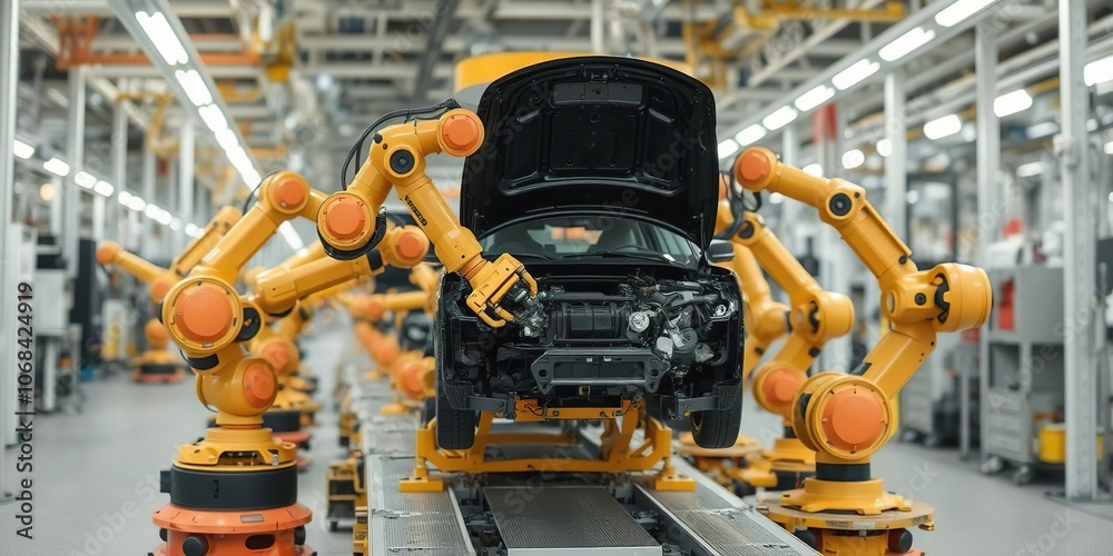 Robotic arms assembling car parts on a production line in a modern car plant, robotic arm
