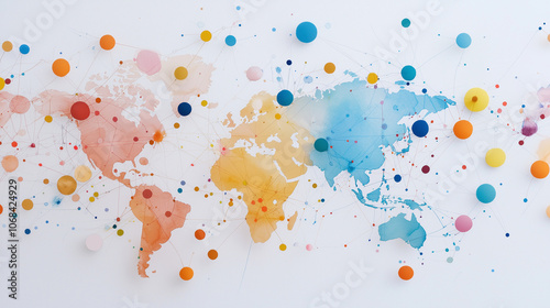 Abstract art of a global map with watercolor splashes, overlaid with bright dots and lines indicating data center networks