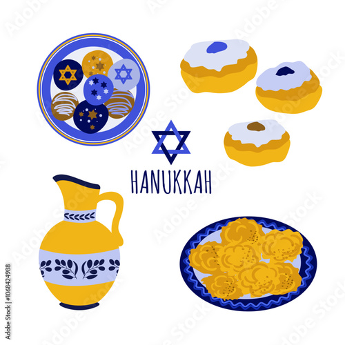 Hanukkah food. Sufganiyot doughnuts, latkes hash browns, sweets and olive oil in a jug.Flat illustrations on a white background