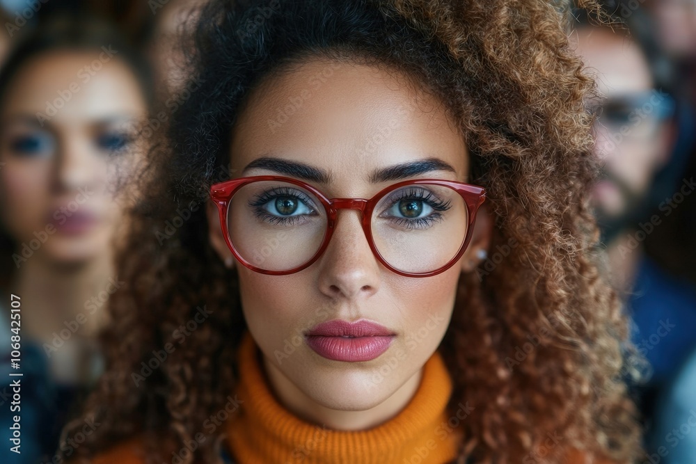 A poised woman with striking red glasses and defined curls gazes seriously at the camera, capturing a moment of intensity and focus against a subdued backdrop. A poised woman with striking red glasses and defined curls gazes seriously at the camera, capturing a moment of intensity and focus against a subdued backdrop.