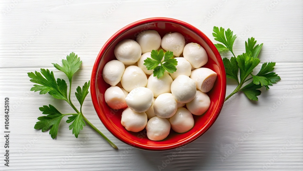 Delight in mini mozzarella balls, presented in a striking red ceramic bowl and brightened with fresh parsley, creating a flavorful, shareable culinary treat. Delight in mini mozzarella balls, presented in a striking red ceramic bowl and brightened with fresh parsley, creating a flavorful, shareable culinary treat.