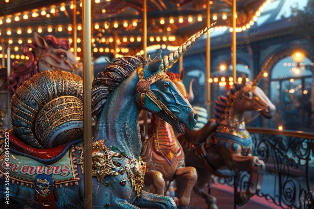 A Blue Unicorn Carousel Horse with a Golden Horn