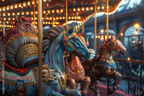 A Blue Unicorn Carousel Horse with a Golden Horn photo