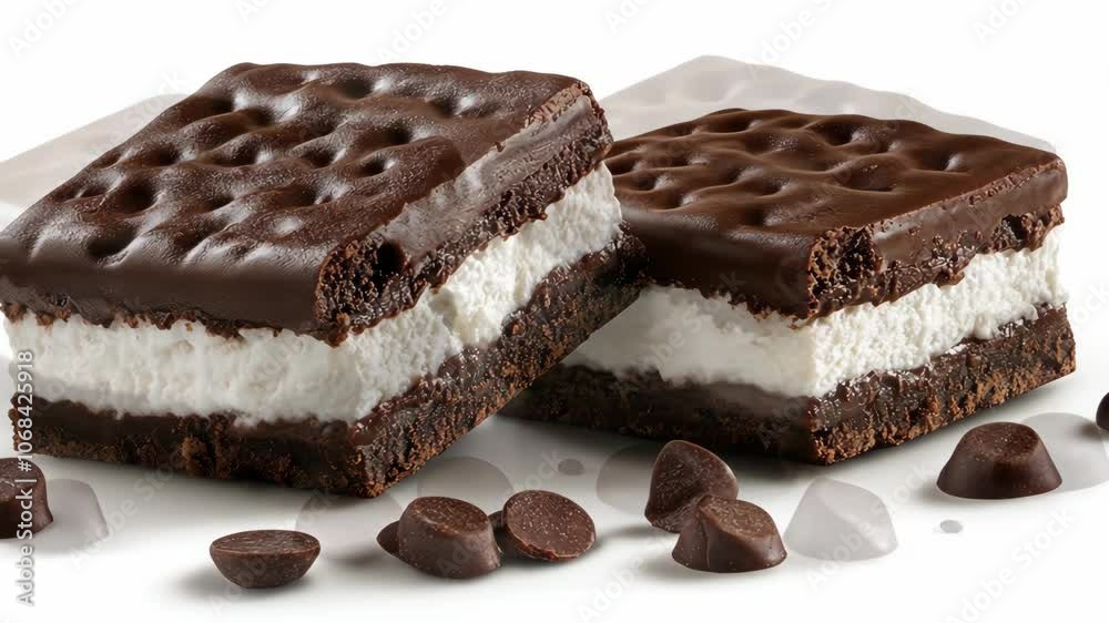 Two chocolate-covered sandwich cookies with white filling sit on a white background with chocolate chips Two chocolate-covered sandwich cookies with white filling sit on a white background with chocolate chips