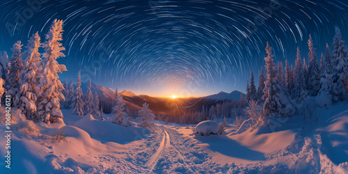 Starry Night Trail:  A breathtaking panorama of a snowy mountain landscape under a celestial tapestry of swirling stars.  The path leads the eye towards a majestic sunrise on the horizon. photo