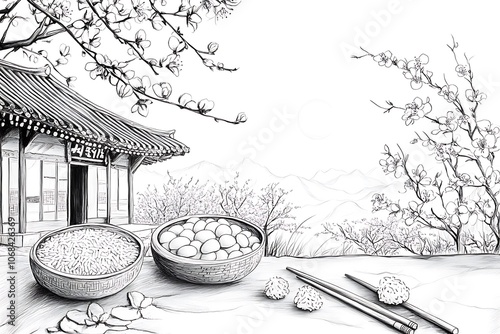 Traditional wood small Japan shrine view. Isolated black and white dashed style sketch, line art, drawing with pen and ink.  photo