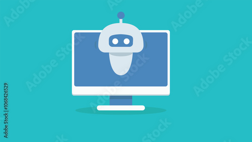 minimalist illustration of a robot on a computer monitor. The monitor has a white frame and a light blue stand, casting a slight shadow on a turquoise background