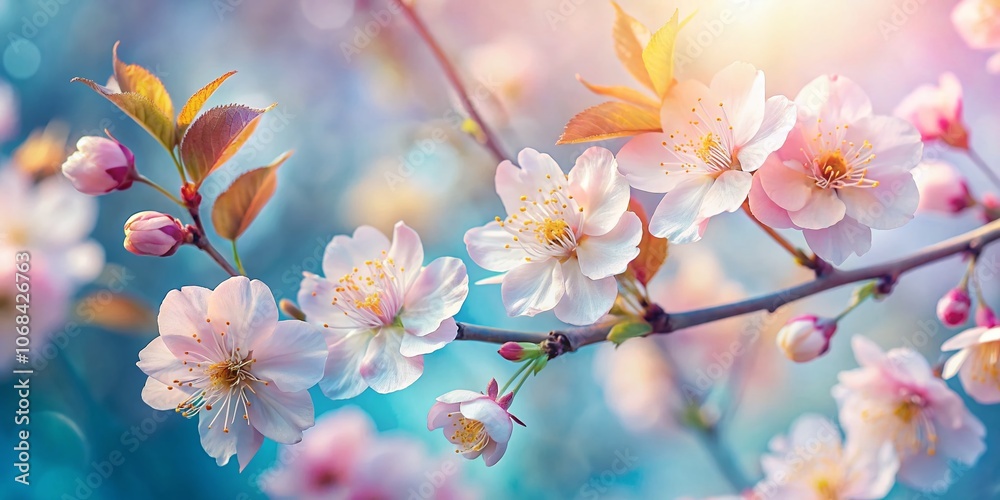 Soft Pastel Watercolor Blossoms with Translucent Leaves on a Light Blue Background - Macro Photography of Delicate Floral Beauty in Shades of Pink and Yellow