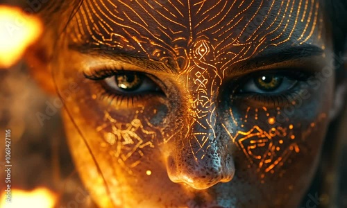 Close-up portrait of a woman with glowing tribal markings on her face