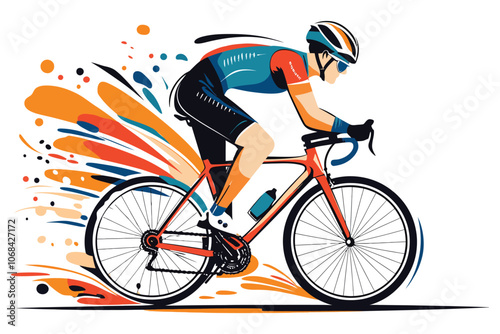 Powerful Male Road Cyclist in Action, Flat Vector Style for Racing Enthusiasts