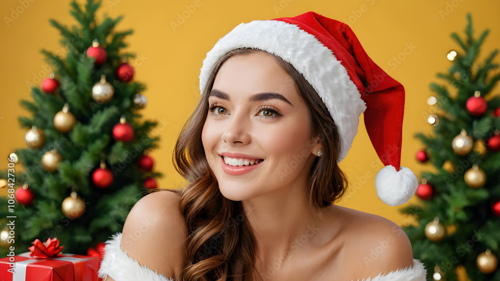 Capture the festive joy with a stunning and happy woman in red Santa Claus hat in yellow background. Celebrate Christmas time with positive vibes and cheerful memories. Generative AI Capture the festive joy with a stunning and happy woman in red Santa Claus hat in yellow background. Celebrate Christmas time with positive vibes and cheerful memories. Generative AI
