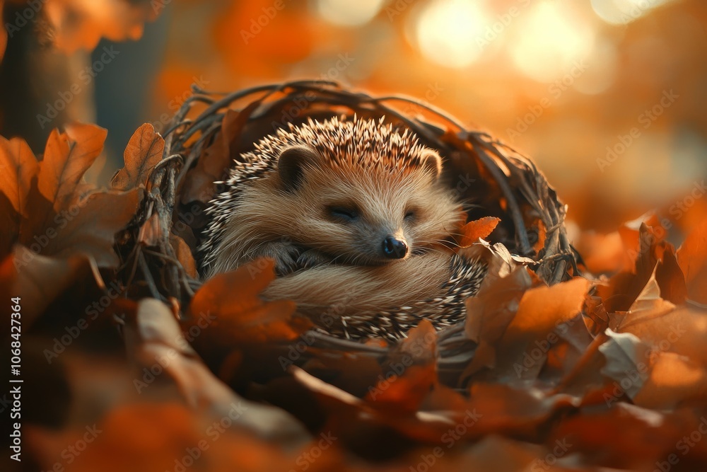 Cozy Hedgehog Nestled Amidst Autumn Leaves: A Serene Moment Captured in Nature's Warm Embrace Cozy Hedgehog Nestled Amidst Autumn Leaves: A Serene Moment Captured in Nature's Warm Embrace