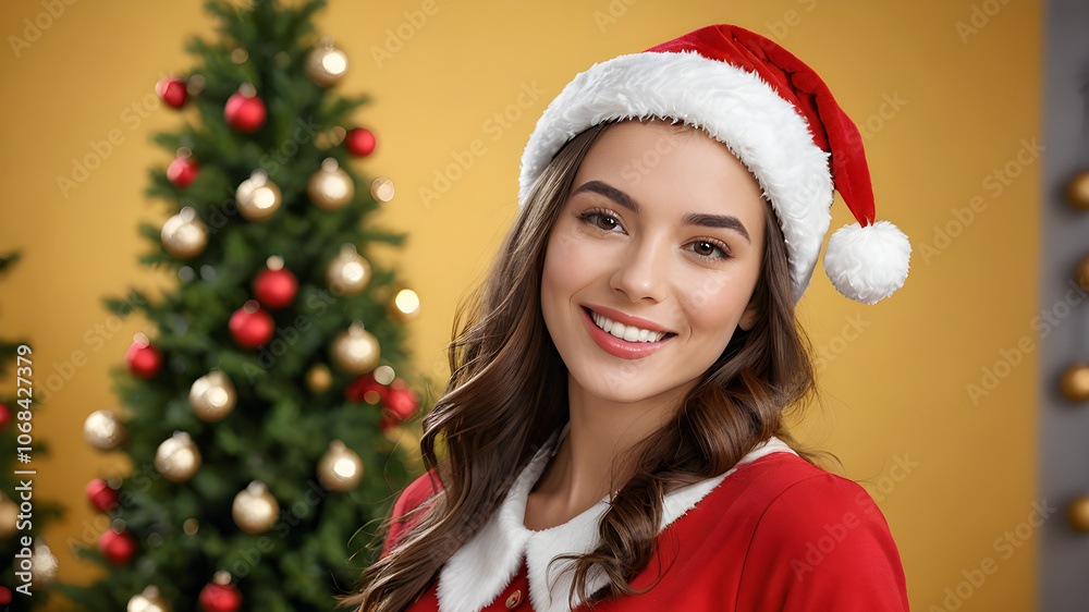 Capture the festive joy with a stunning and happy woman in red Santa Claus hat in yellow background. Celebrate Christmas time with positive vibes and cheerful memories. Generative AI