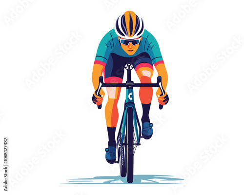 Powerful Male Cyclist in Front View, Flat Vector Illustration for Strength and Speed